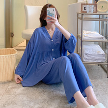 新款棉绸睡衣女开衫两套装睡衣女春季长袖人造棉女士家居服套装春