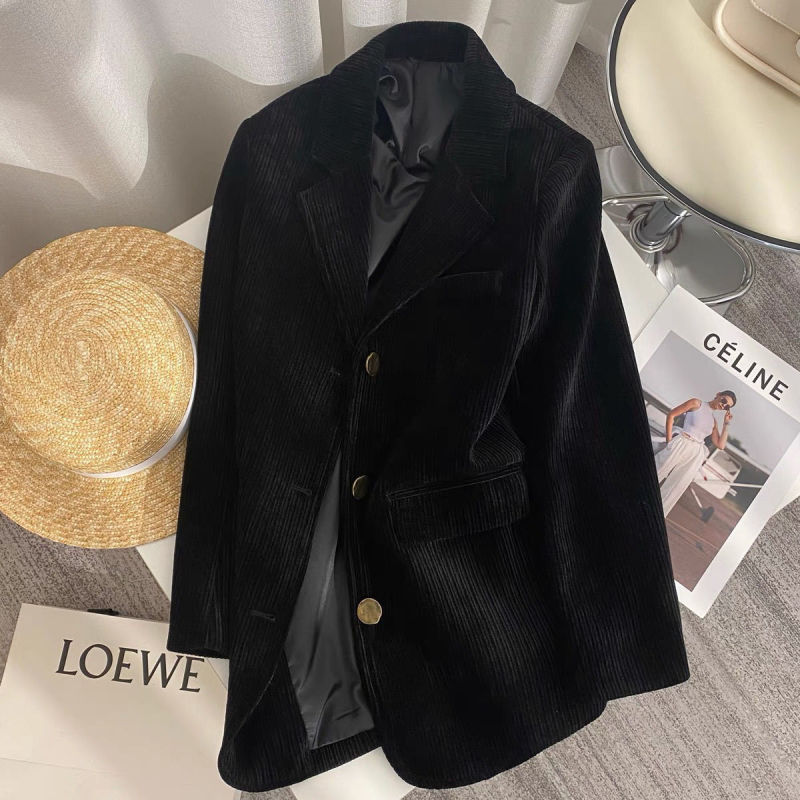 Black Slim Autumn and Winter Corduroy Women's Suit Jacket 2025 New Elegant Casual Suit Small Suit