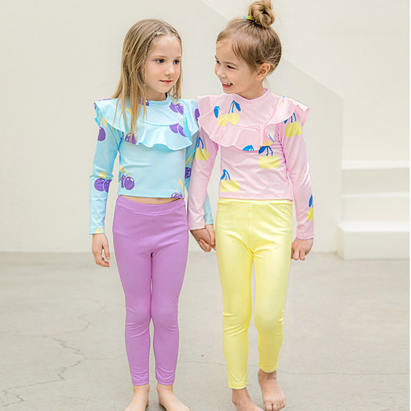 2025 New Kidsren's Swimsuit Girls Split Short Cherry Long-Sleeved Pants Sun Protection Quick-Drying Girls Swimsuit