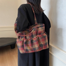 毛呢格子大包包女秋冬2024新款韩国托特包学院风休闲大容量单肩包