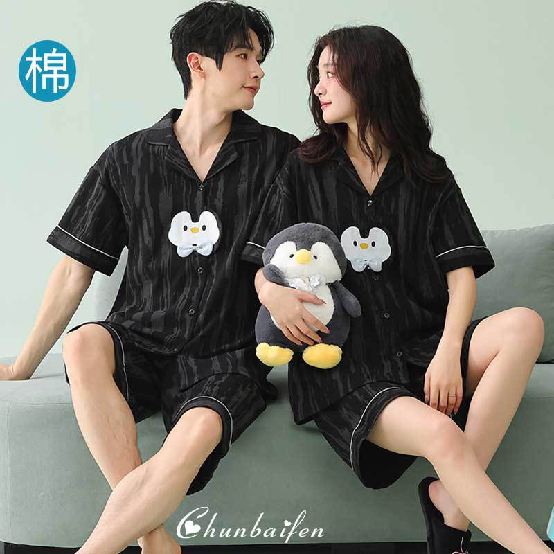 淳佰芬情侣睡衣女款纯棉夏季短袖短裤翻领家居服套装薄款睡衣男款