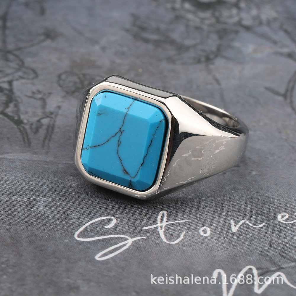 2025 New European and American Fashion Simple Square Multi-Color Gemstone Men's Titanium Steel Ring Export Jewelry Ready Stock
