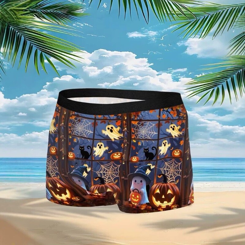 Halloween Cartoon Ghost Pumpkin Men's Boxer Briefs with Pumpkin, Imp, Black Cat, Spider Web Print All-Over Halloween Cartoon Ghost Pumpkin Men's Boxer Briefs with Pumpkin, Imp, Black Cat, Spider Web Print All-Over