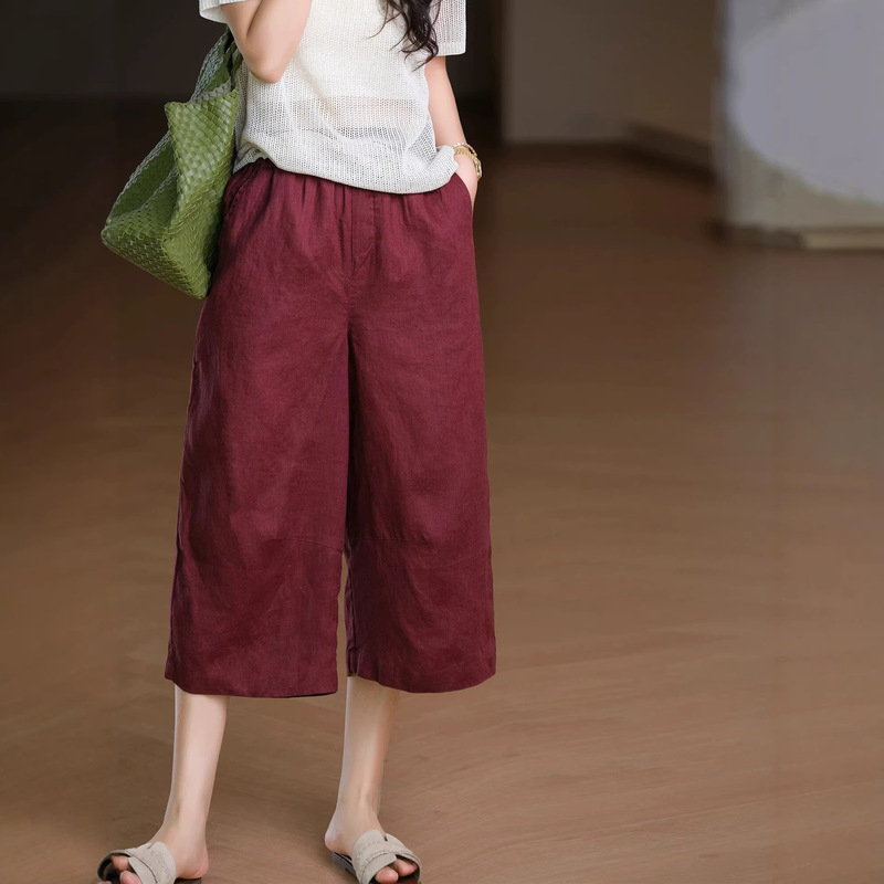 Summer Comfortable Wide-Leg Cropped Pants for Women, Breathable Cotton-Linen, Elastic Waist, Loose Fit, Slimming, Artistic Retro Casual Pants for Women