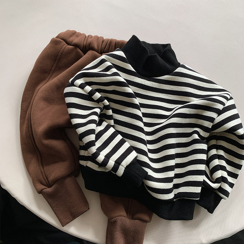 Polar fleece striped sweatshirt 2024 autumn and winter new style for boys and girls plus velvet thickened mid-high collar pullover sweatshirt trendy