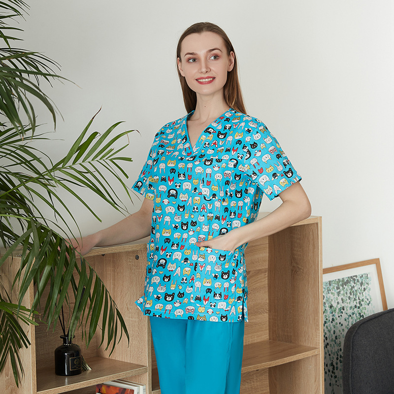 Printed T-Shirt Short-Sleeved V Neck Dental Oral Wash Clothes Beauty Salon Pet Hospital Doctor Nurse Work Clothes