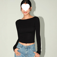 黑色一字肩打底衫长袖恤女秋季修身显瘦外穿短款上衣