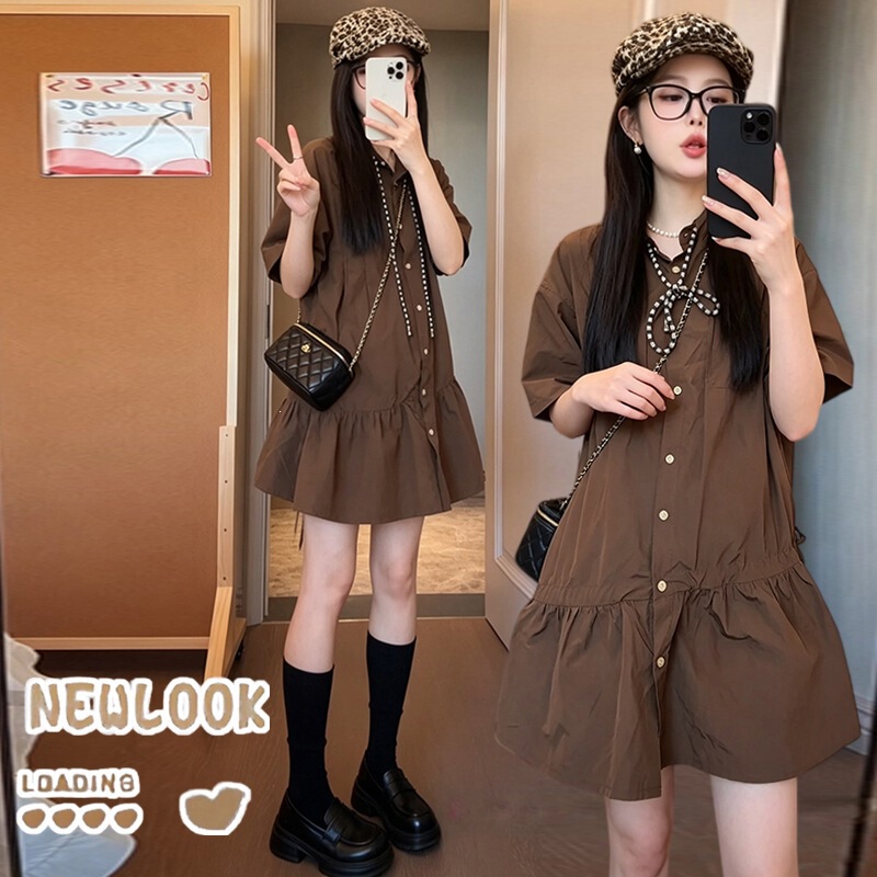 Currently Available: Large Size Korean-Style Loose-Fitting Stand-Collar Pleated Drawstring Short-Sleeve Shirt Dress in Brown Currently Available: Large Size Korean-Style Loose-Fitting Stand-Collar Pleated Drawstring Short-Sleeve Shirt Dress in Brown