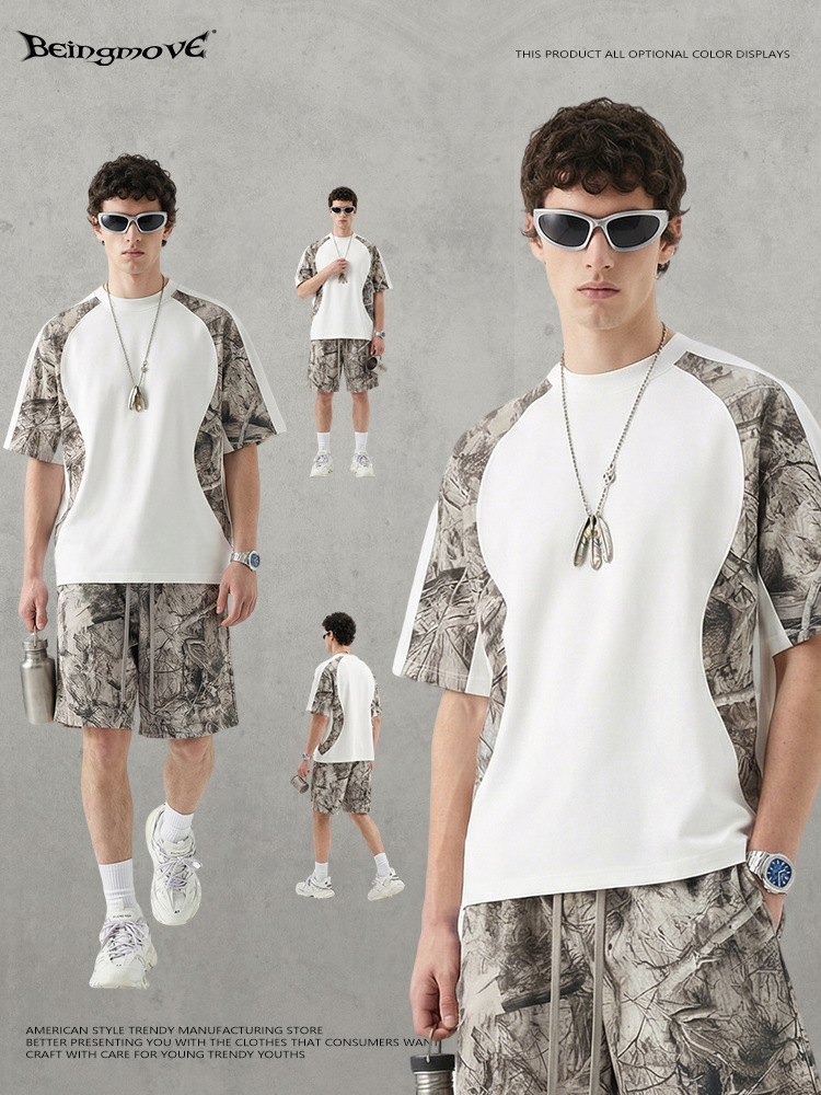 Calle secada| Verano marca de moda americana retro empalme impresión de transferencia de calor camuflaje de manga corta camiseta deportiva de secado rápido chaqueta hombre