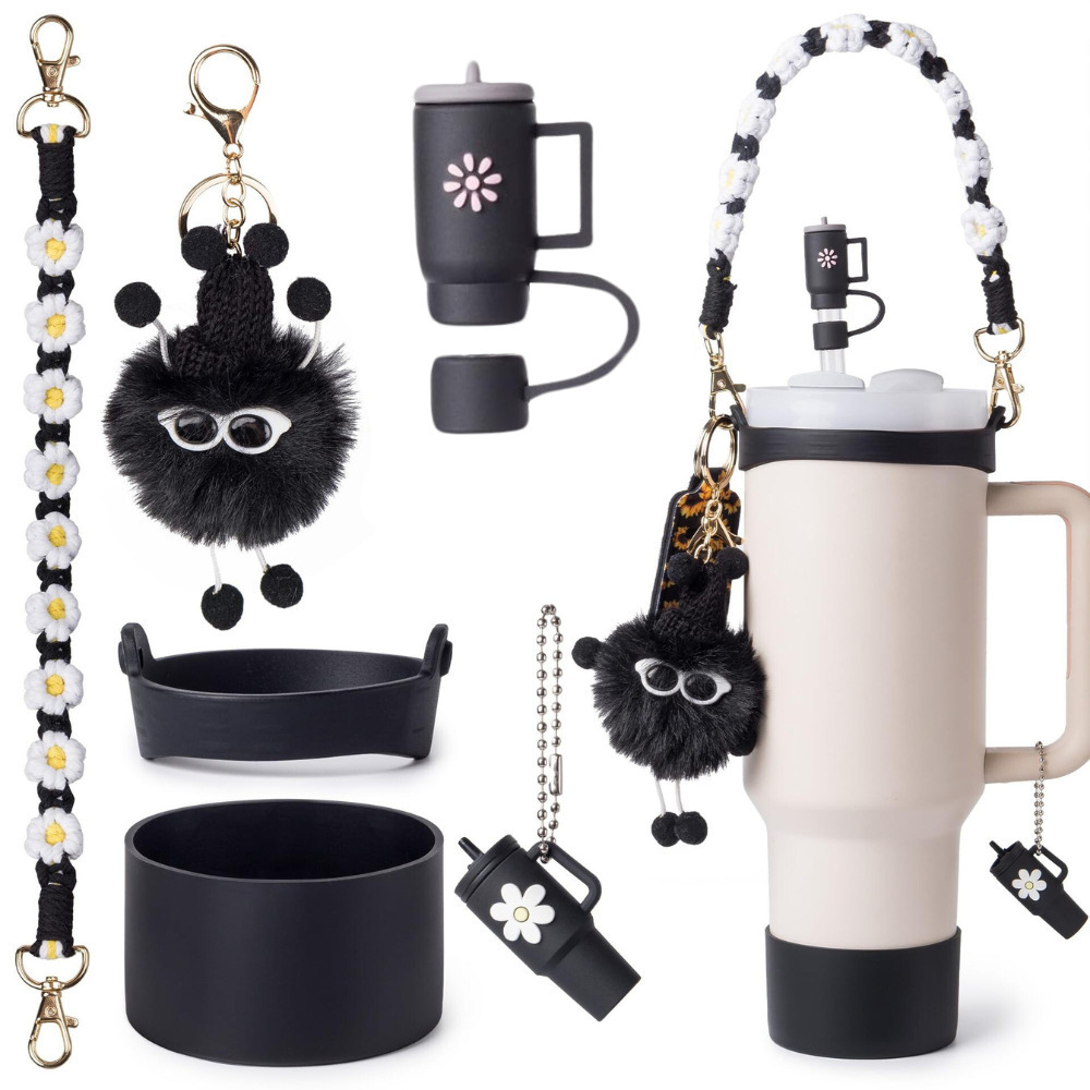 7pcs taza Stanley cuerda de mano colgante de silicona flor tapa de pajita bola de felpa colgante de copa cadena de taza de color