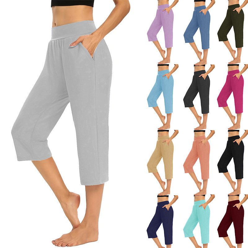 European and American Solid Color Simple Loose Elastic Pocket Sports Casual Pants Capri Pants