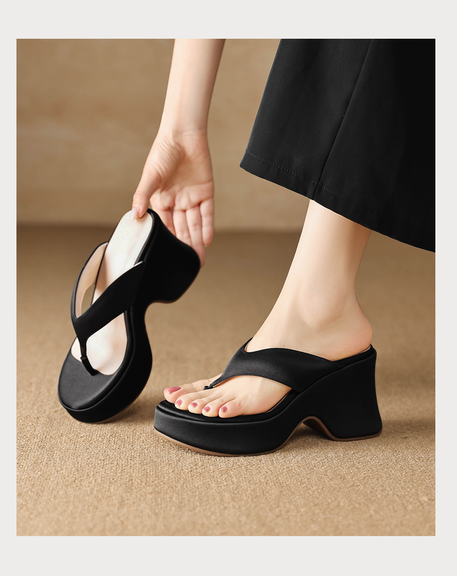 Dép sandal nữ xỏ ngón đế bệt, quai lụa mềm, đế tăng chiều cao nhẹ — màu đen, màu tím, màu mơ chi tiết 18