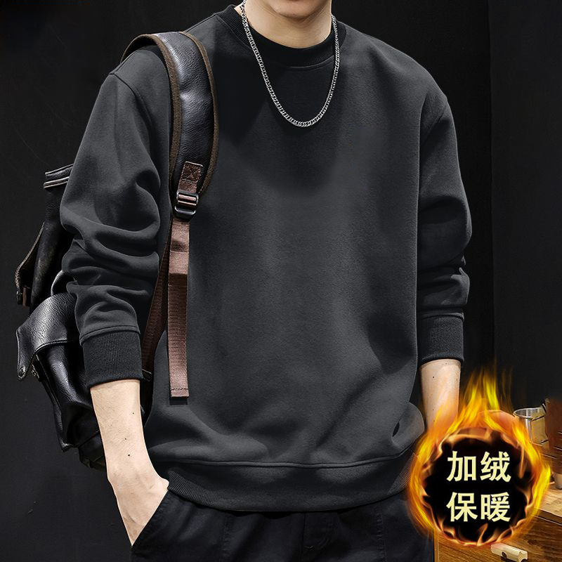 벨벳 스타일의 다크 그레이 라운드넥 스웨트셔츠 - 솔리드 컬러 [GL]