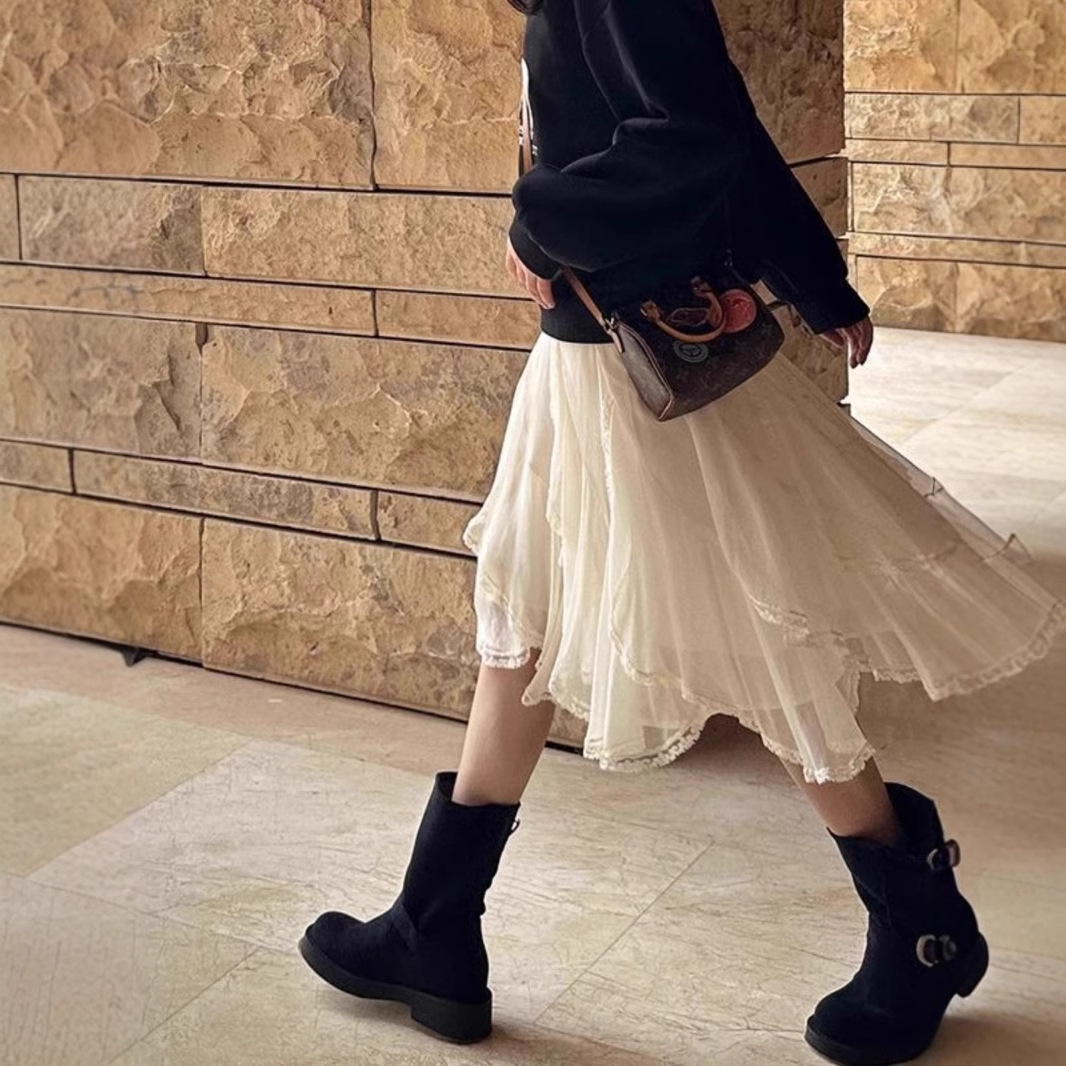 French Style Irregular Lace Stitching Skirt Women's Autumn and Winter Heavy Industry Ballet Style High Waist Slimming Tulle Cake Skirt