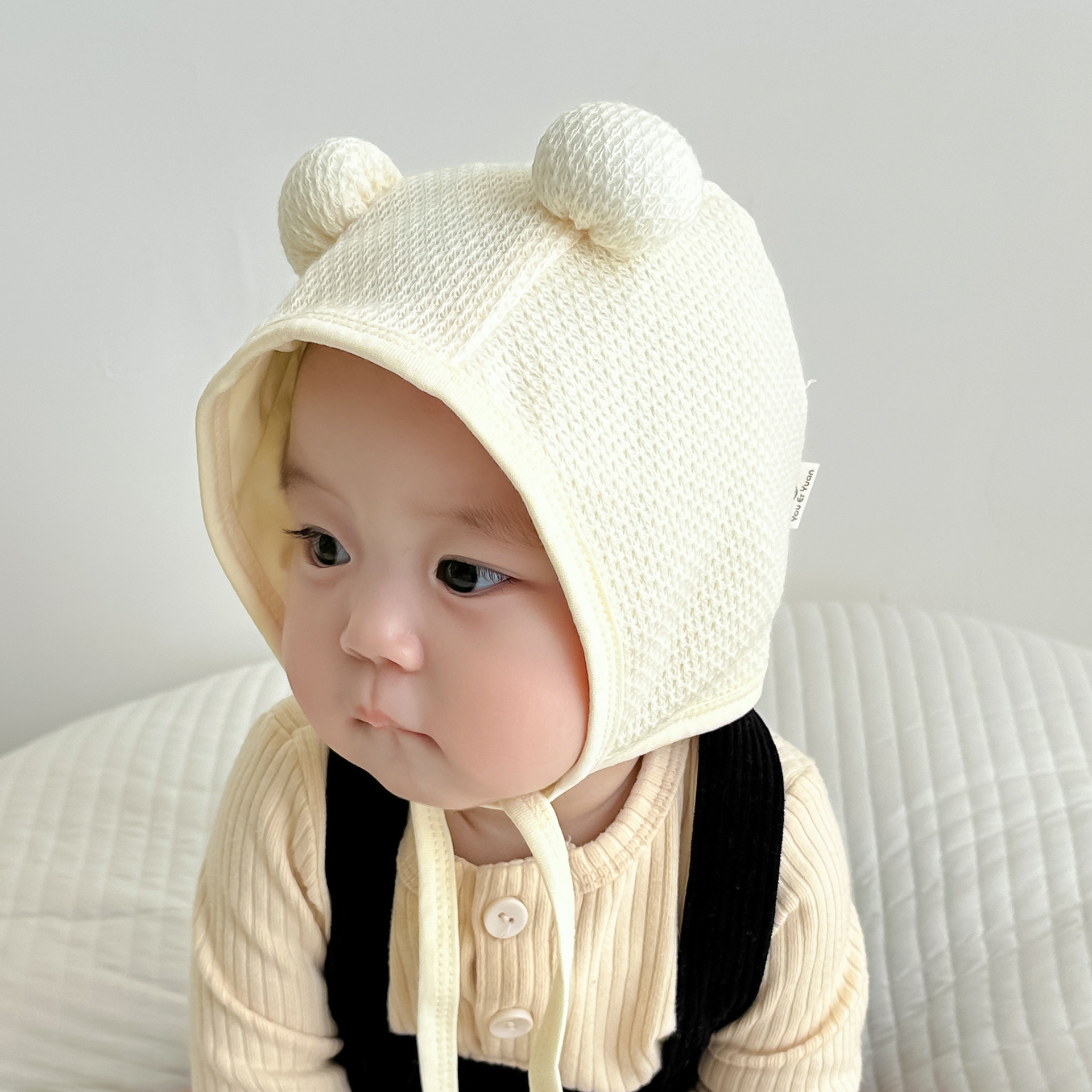 Baby hat Autumn and winter cute double ball baby small month new ear protective hat_viptrois.com