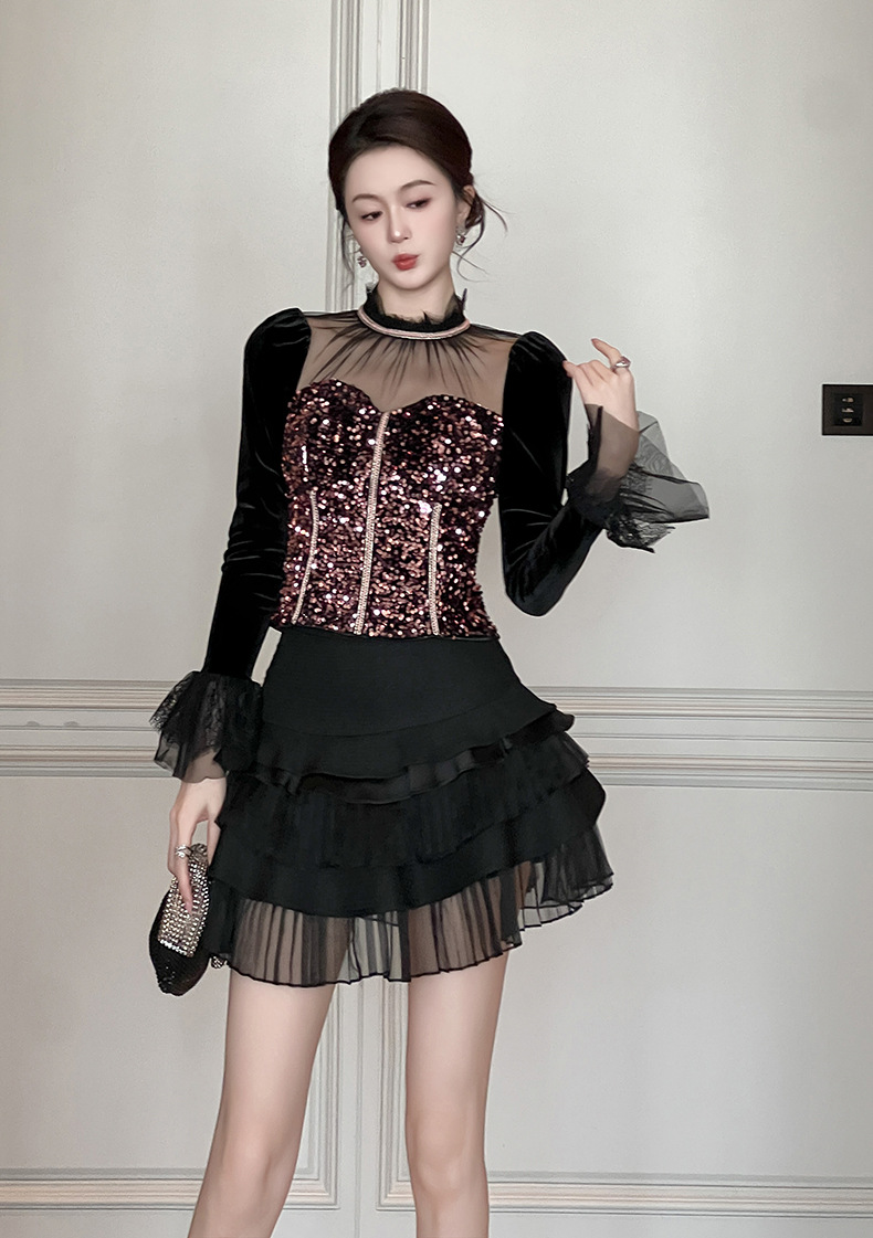 Áo len cổ lọ nữ tay dài đính sequin lưới xuyên thấu dáng ôm — bột màu đen chi tiết 5