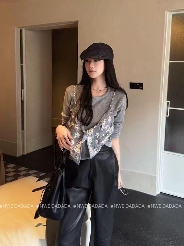 秋季韩系chic单穿上衣设计感小众松弛感穿搭灰色假两件长袖t恤女|undefined