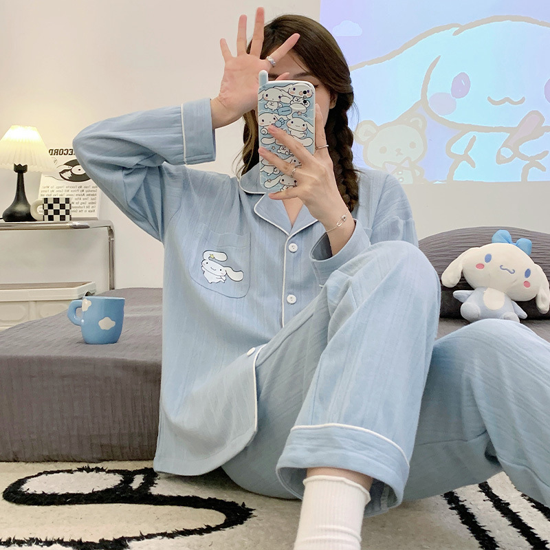 2023 nuevos pijamas azules de alta calidad de las mujeres de algodón jacquard de otoño e invierno de manga larga cardigan linda chica dulce ropa de casa traje