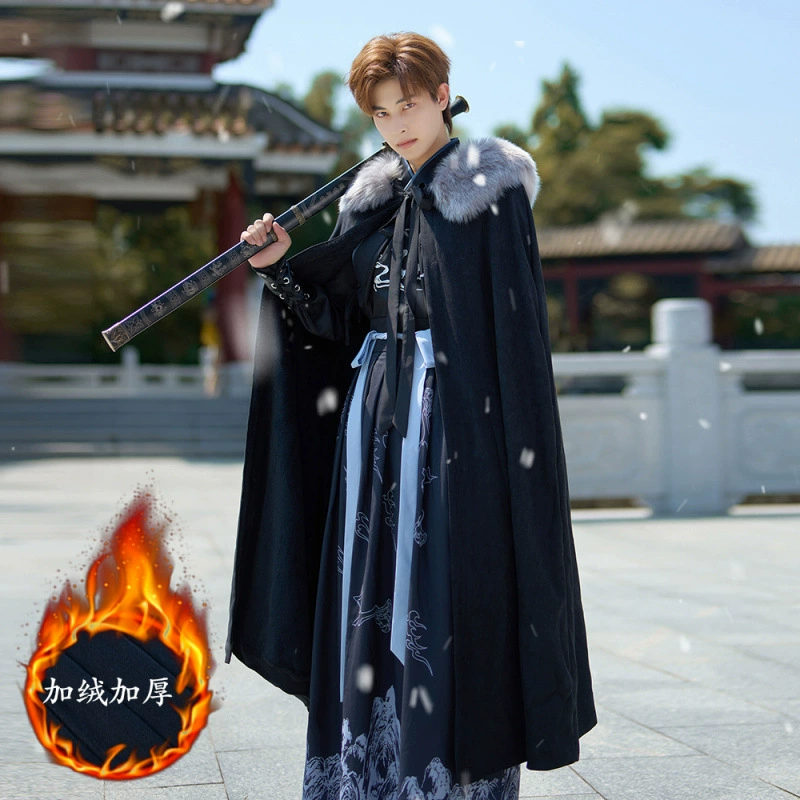 Осенний и зимний оригинальный костюм Hanfu накидка мужской бархат толстый плащ шерстяной шкурот