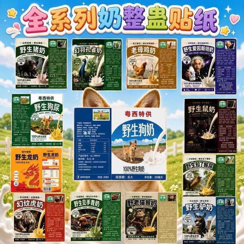 Back-to-school prank stickers: wild dog milk, wild dog milk, permanent four-sided milk brick, milk carton stickers, funny Back-to-school prank stickers: wild dog milk, wild dog milk, permanent four-sided milk brick, milk carton stickers, funny
