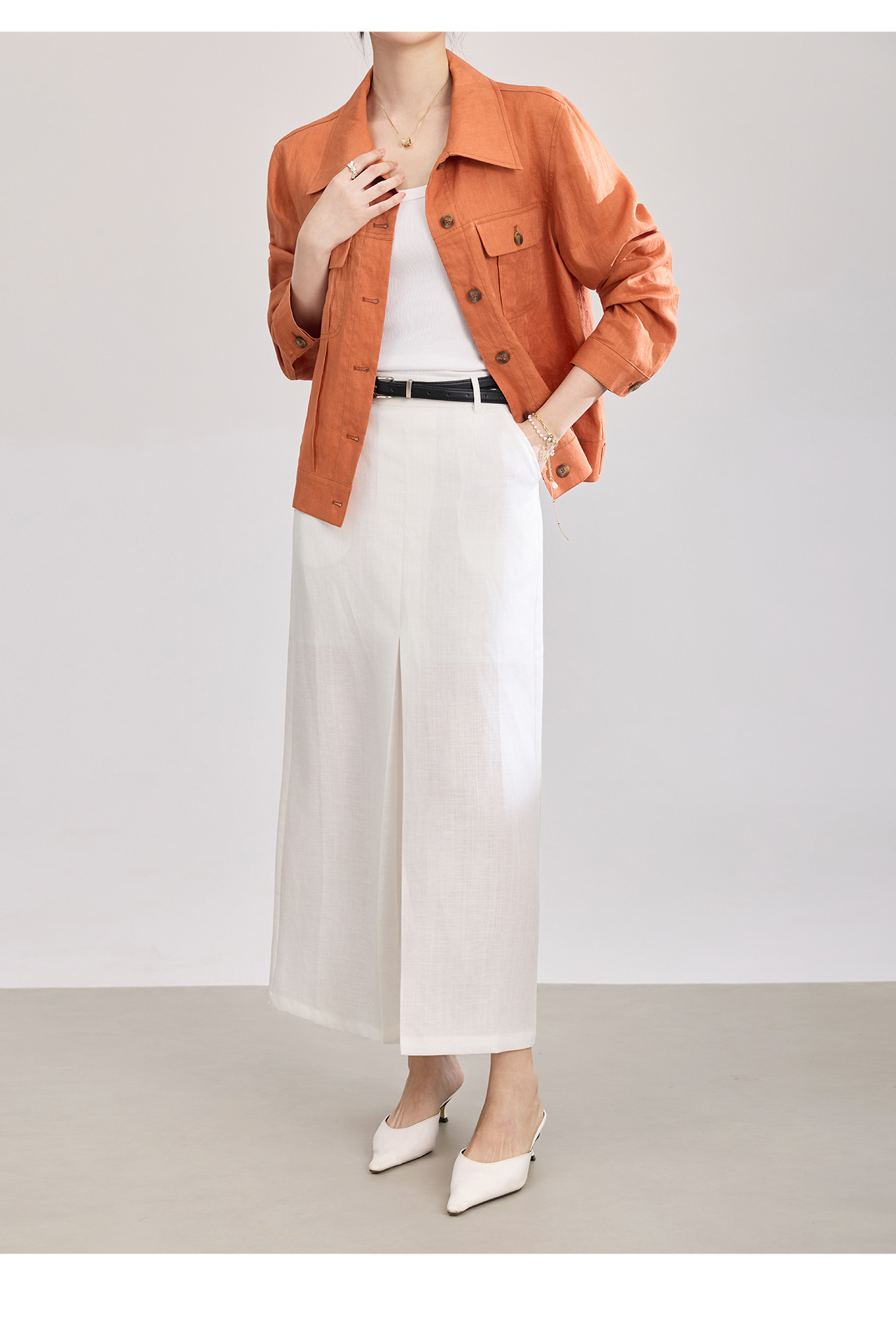 Chân váy xếp ly nữ cạp trung thấp, chất liệu tencel linen phối sọc răng cưa, xẻ tà — Xanh lông mòng đen chi tiết 14