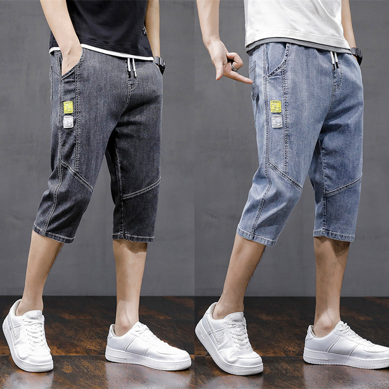 Summer Cropped Jeans Men's plus size Harlan Mid-length Pants Thin Washed Loose Straight Stretch 7-point Shorts for Hair