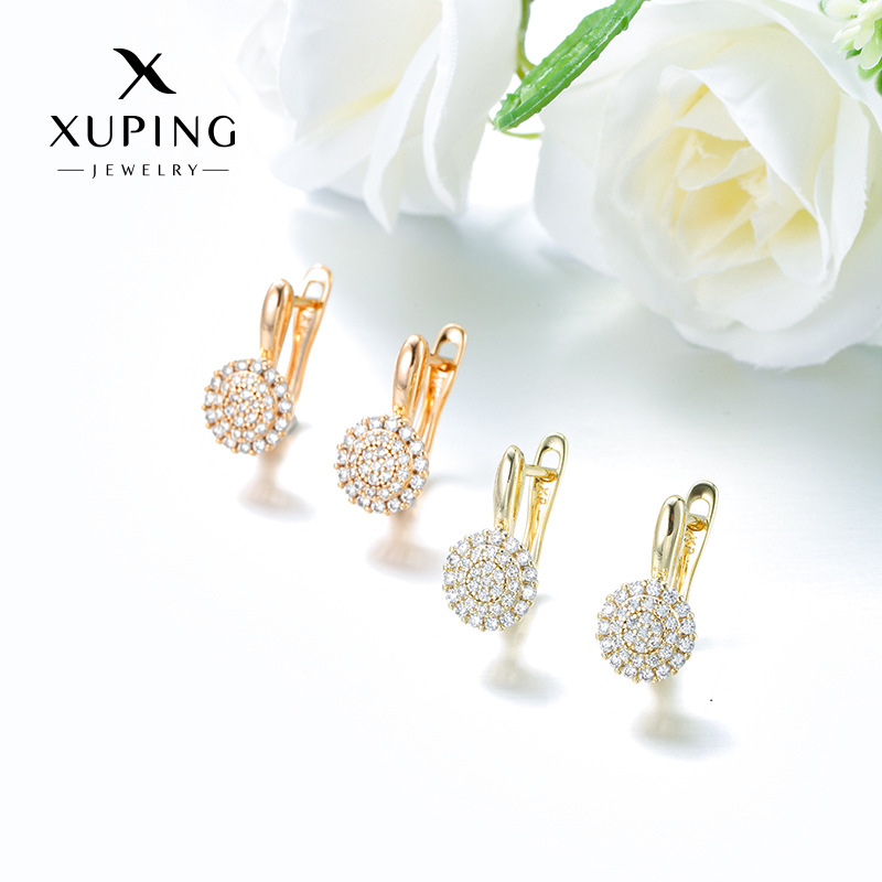 Pendientes Xuping de Amazon y AliExpress, elegantes y exquisitos pendientes de aleación de cobre con incrustaciones de circonita redonda en forma de T, venta al por mayor para mujeres