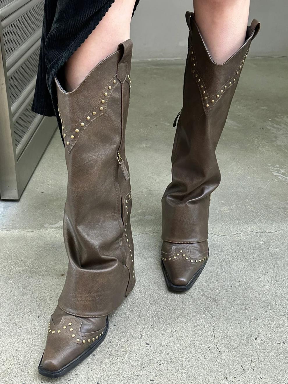2025 Spring and Autumn Season New Pointed Rivet Trouser Sleeve Show Slim Western Cowboy Boots Thick Heel Side Zipper_voghion.com