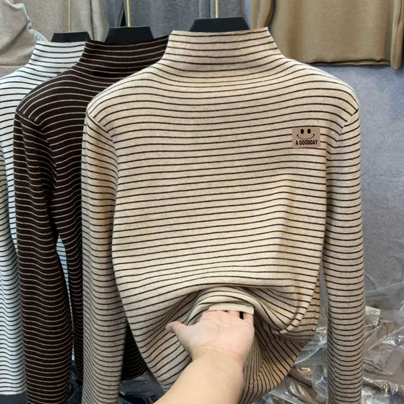 男女童德绒内搭打底衫秋冬款中大儿童半高领长袖T恤条纹卡通上衣