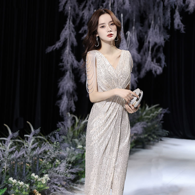 Pequeño vestido de noche para las mujeres 2024 otoño nuevo champán Socialite temperamento banquete vestido de anfitrión se puede usar en tiempos ordinarios