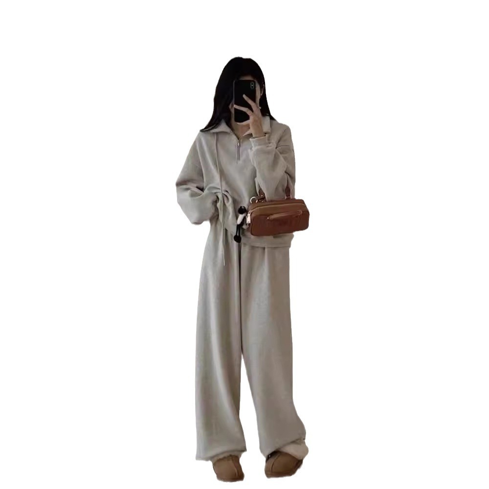 Tuta sportiva casual in cashmere ActiveGo Lazy Style per donna, felpa con collo alto e gamba larga, foderata in pile, calda per autunno e inverno_voghion.com