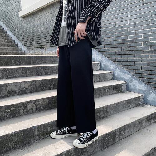 Summer Ins Sheer Slim Straight Loose Korean Style Trendy Dark Black Casual Wide Leg Drape Suit Pants for Men