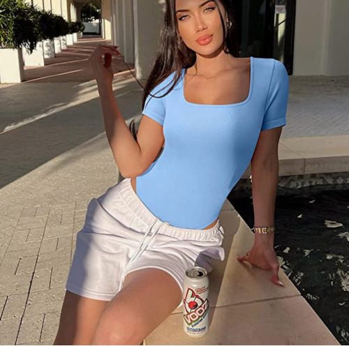 European and American style summer women's yoga one-piece dress, ribbed short-sleeved workout bodysuit