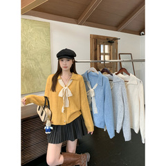 2025秋装新款胖mm大码女温柔风v领系带蝴蝶结针织上衣