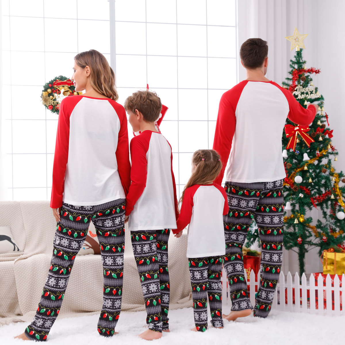 Fashion Snowflake Polyester Pants Sets Straight Pants Blouse Family Matching Outfitspicture3