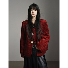 呆毛 法式复古酒红色粗花呢小香风外套女秋冬2024新款加厚羽绒服