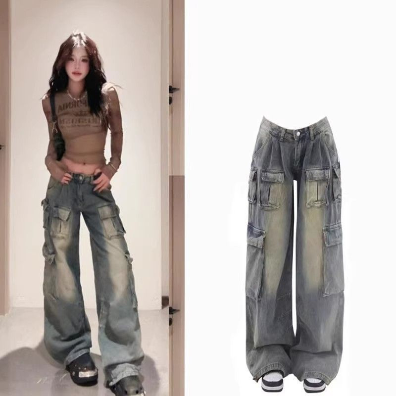 European and American style y2k hot girl low waist wide leg mopping pants design sense work multi pocket loose drop feeling Denim pants