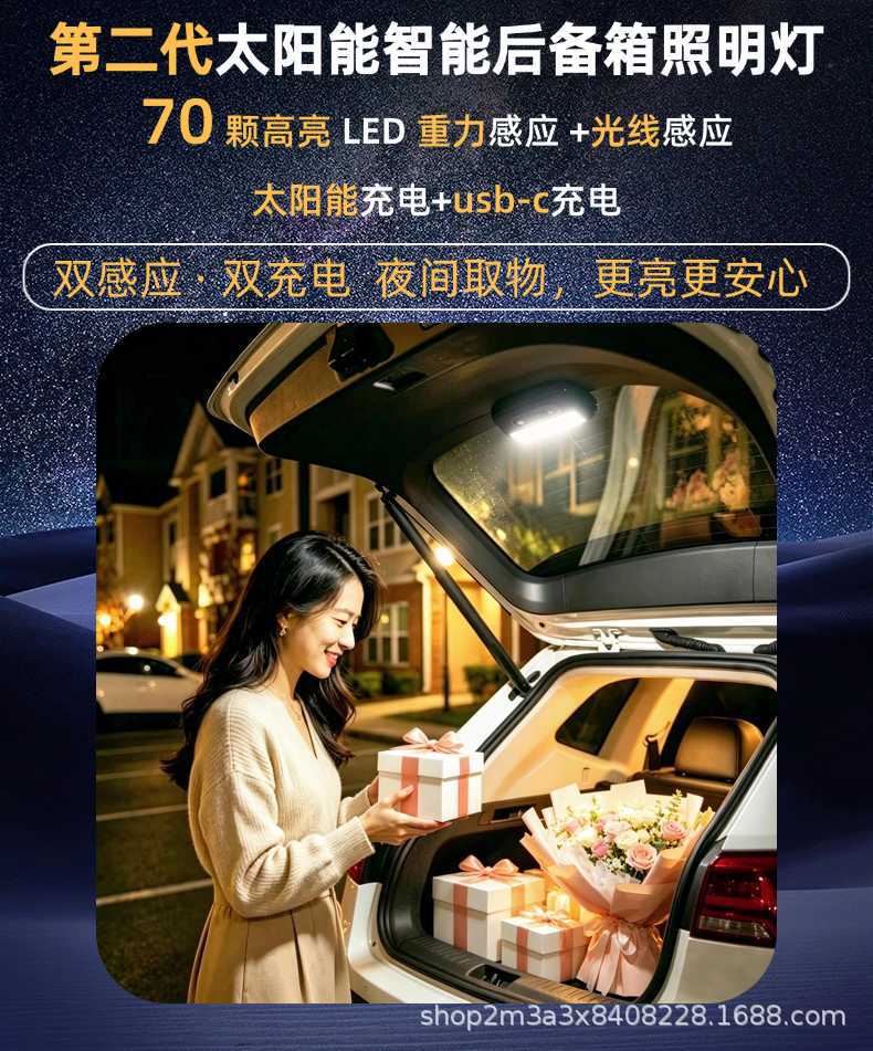 Solar-Powered Car Trunk Light Sensor, Universal for Suvs and Business Vehicles, Non-Damaging, No-Wiring Solar Trunk Light