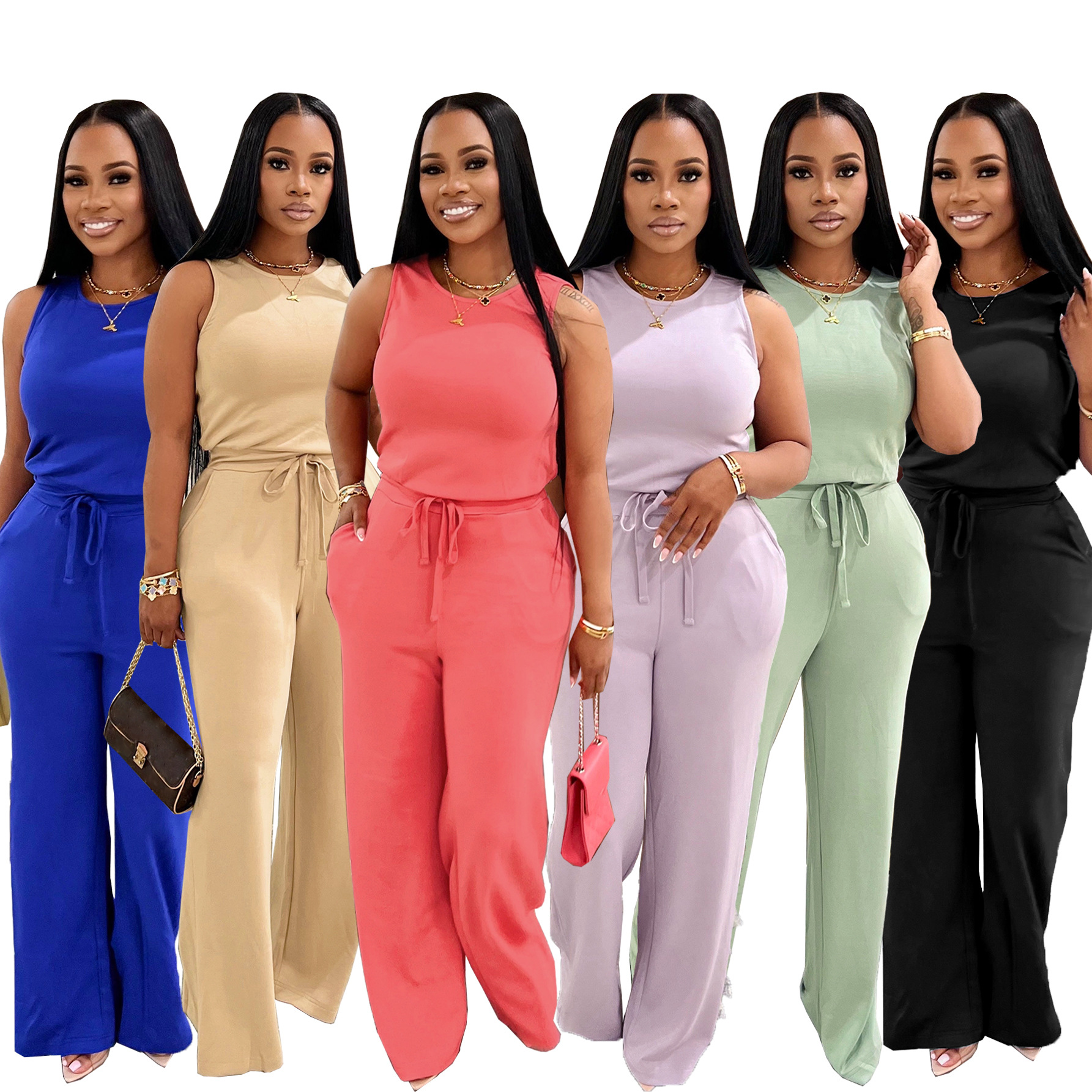 Women's Sleeveless Jumpsuit Casual Lace Up Solid Colour Summer_voghion.com