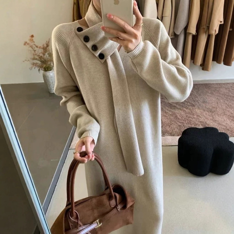 Maternity Wear Autumn and Winter French Style Thickened V-Neck Knitted Dress for Women, Loose Plus Size Sweater Dress + Scarf