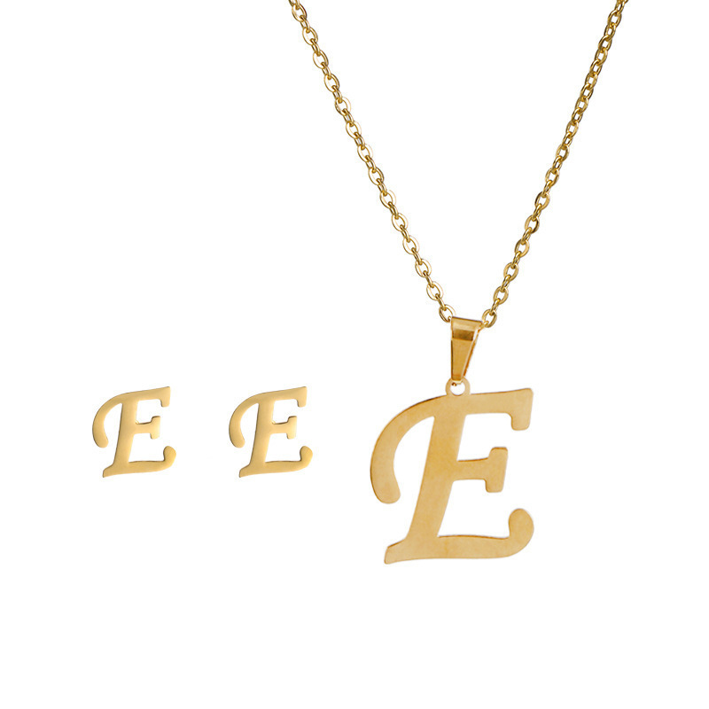New stainless steel 26 letter female necklace earring set, fashionable and atmospheric, summer non fading accessories_voghion.com