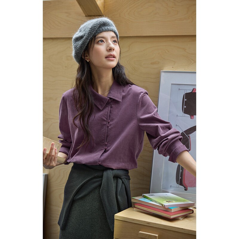 Solighter French Retro Corduroy Design with Asymmetrical Elegant and Versatile Style Shirt for Women 2026 Spring New