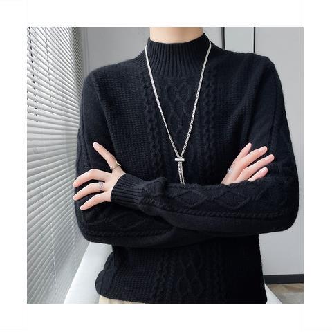 【 Cashmere Family 】 Half high neck short style diamond grid loose wool base women's thick knit sweater inner layer_voghion.com