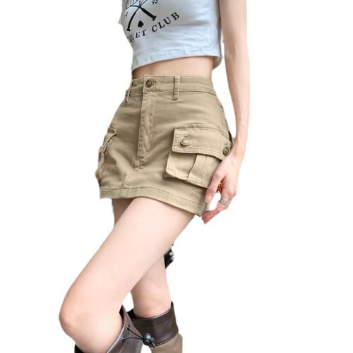 Khaki work denim short skirt for women, American retro high-waist a-line skirt, hot girl anti-exposure package hip culottes