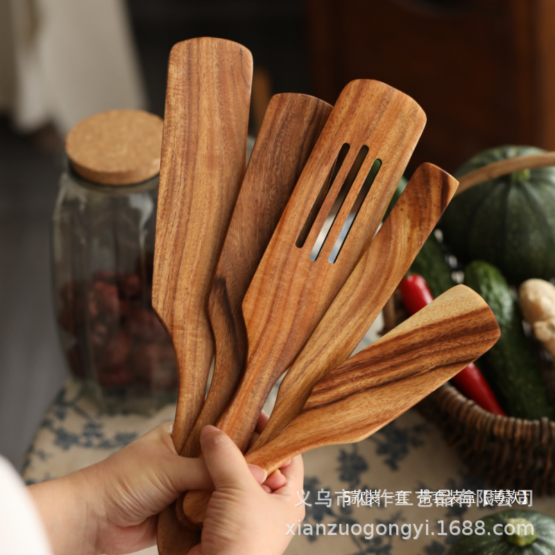 @ Little Muxian Wood Акация с длинной ручкой лопатка-лопатка для приготовления пищи лопата Трансграничный набор посуды из тикового дерева 5 комплектов деревянных лопат