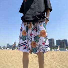 夏季3D印花男士沙滩裤宽松速干五分裤卡通恐龙蜡笔小新海边度假短