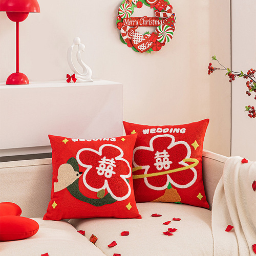 Chinese style wedding national trend festive wedding combination pillow sofa lumbar bed decorative pillow flower red cushion
