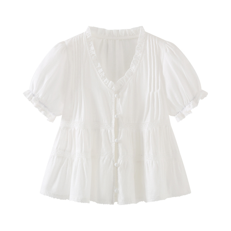 2026 New Summer Women's Fashion Casual Lace Patchwork Ruffled Open-Front Shirt