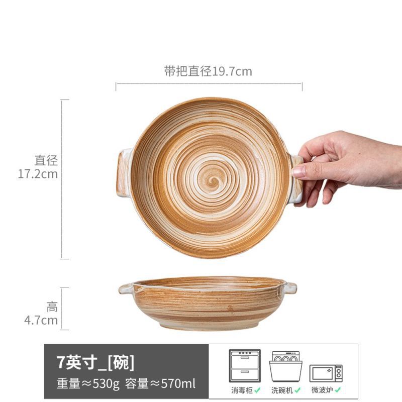 Tazón de cerámica vintage de doble asa, tazón para fideos, tazón para yogur, tazón redondo, tazón para sopa, tazón de estilo japonés, vajilla al por mayor, esmaltado en horno