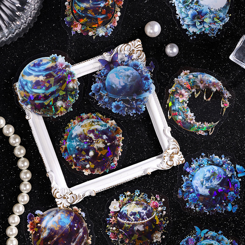 Todo el mundo Huazhang especial aceite láser planetas pegatinas bolsas diy diario pegatinas transparentes pegatinas planetas impermeables